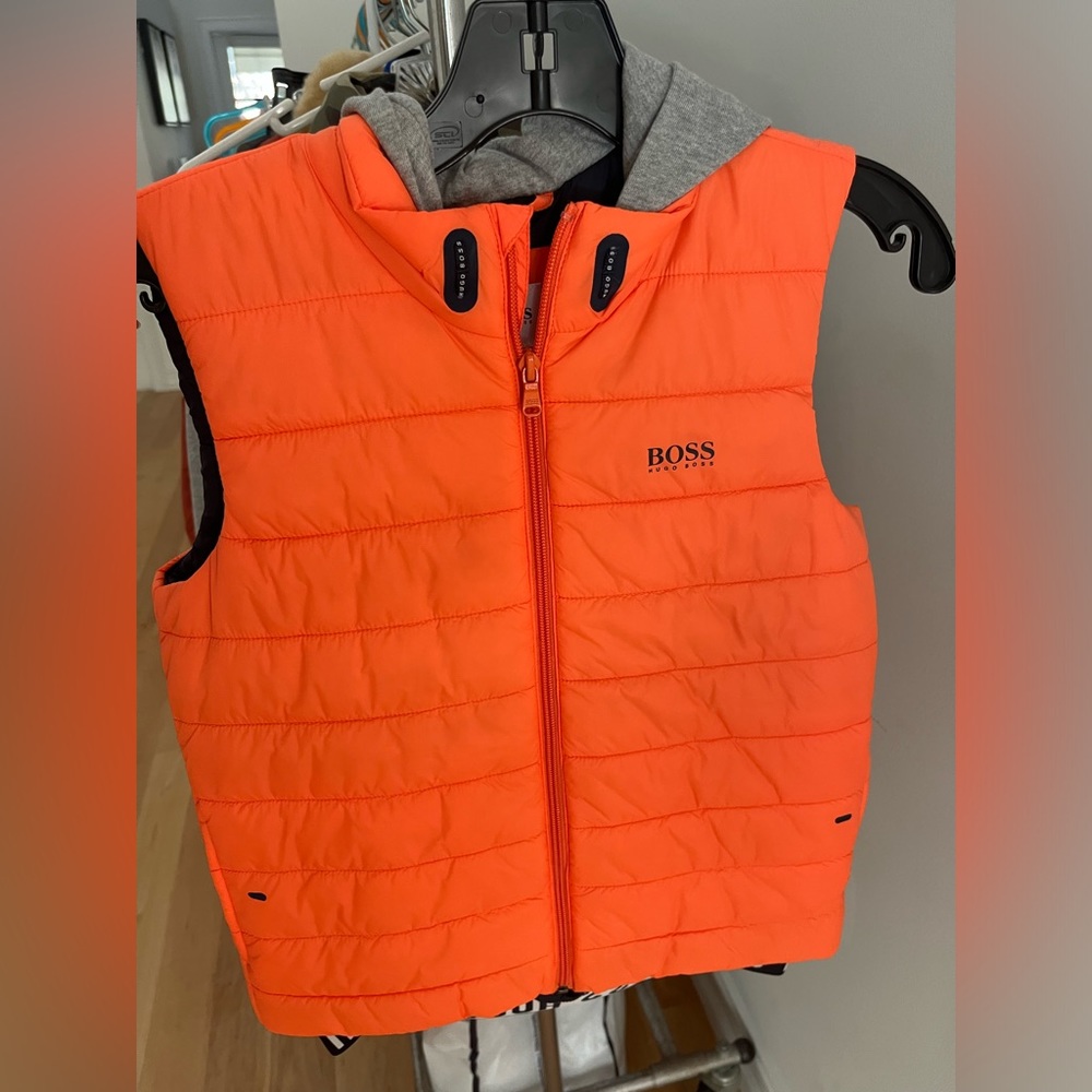 Size 12 Hugo Boss Vest, orange, blue and grey - has a hood. Like new!